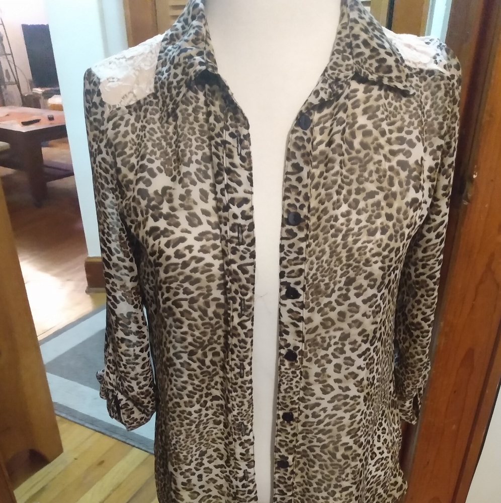 Byline Sheer Cheetah Button down Dressy shirt